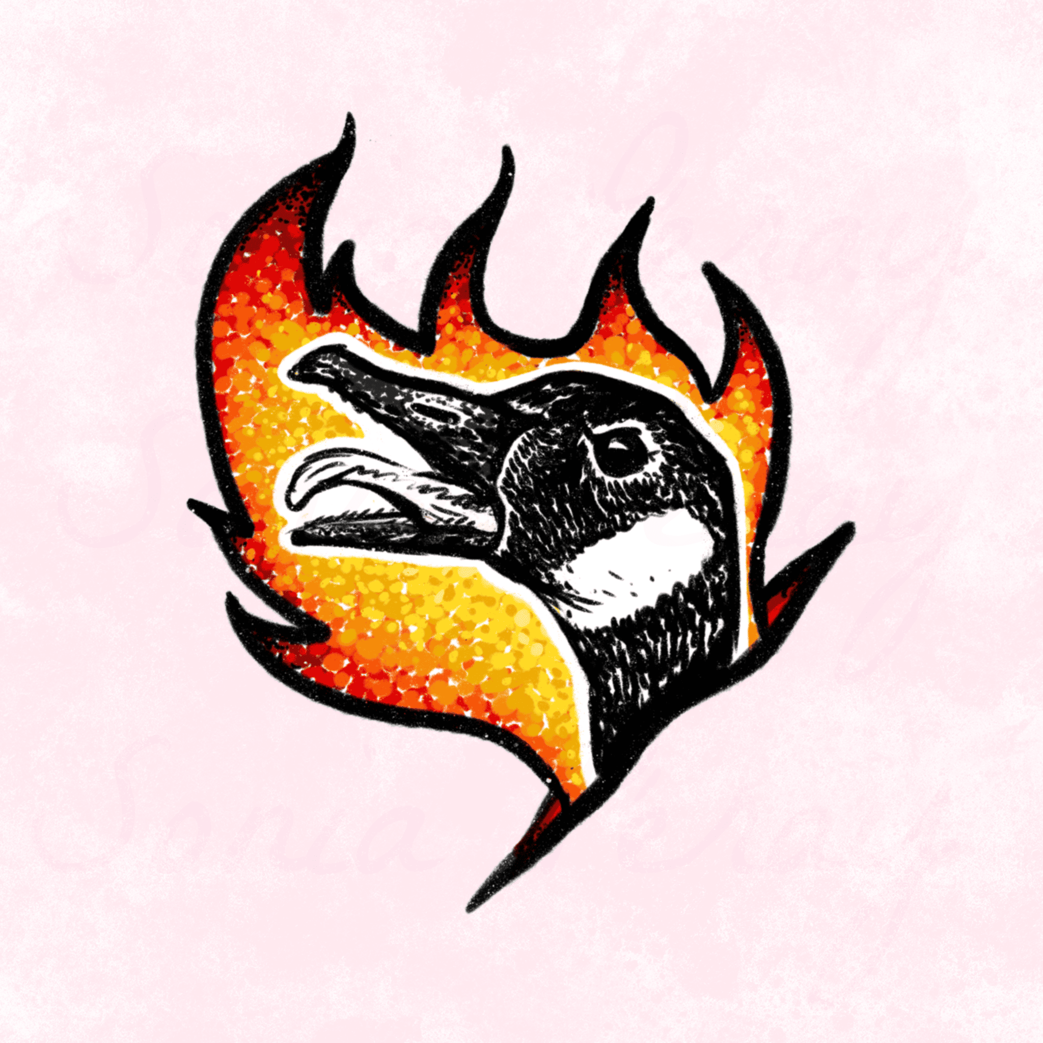 flash tattoo couleur tête de bernache du canada qui sort du tatouage avec du feu